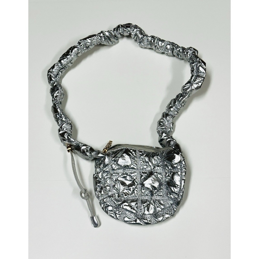 Carlyn Authentic Metallic Silver Quilted Shoulder Bag Adjustable Strap Small
